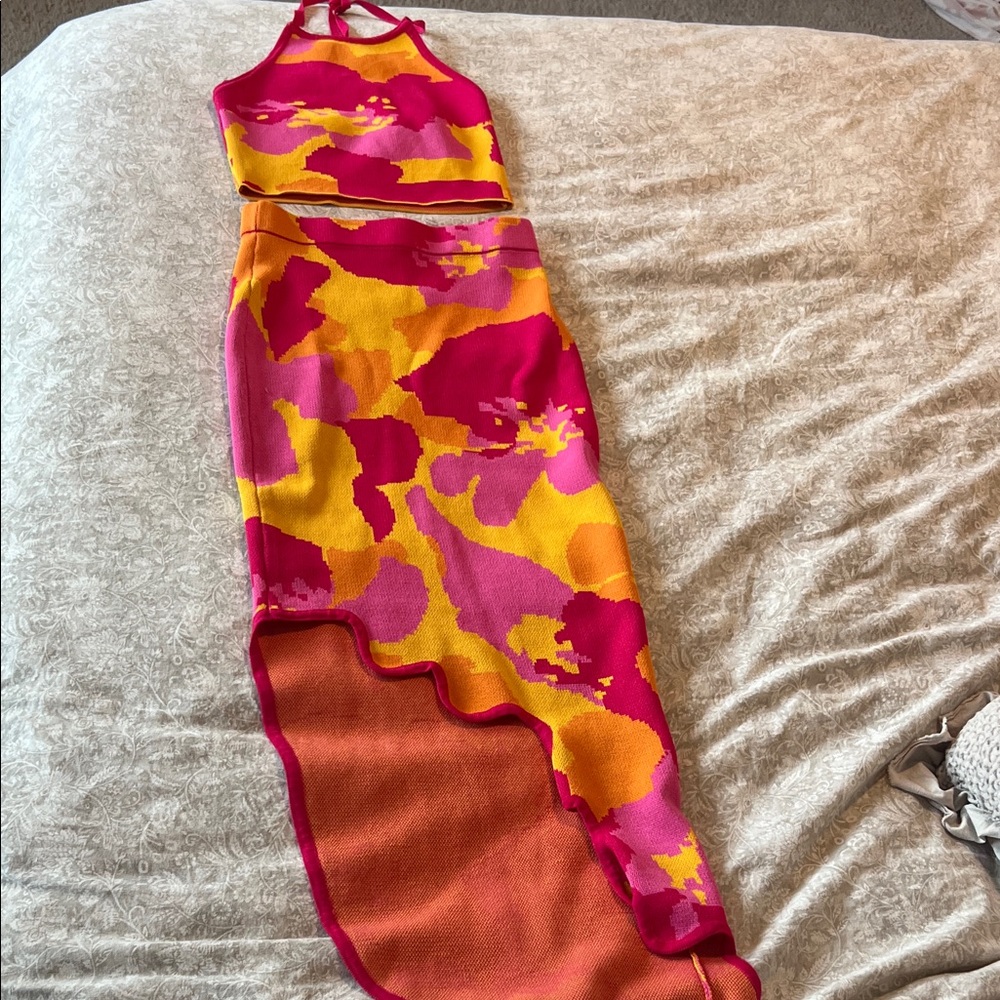Fashion Nova Pink and Orange Skirt Set